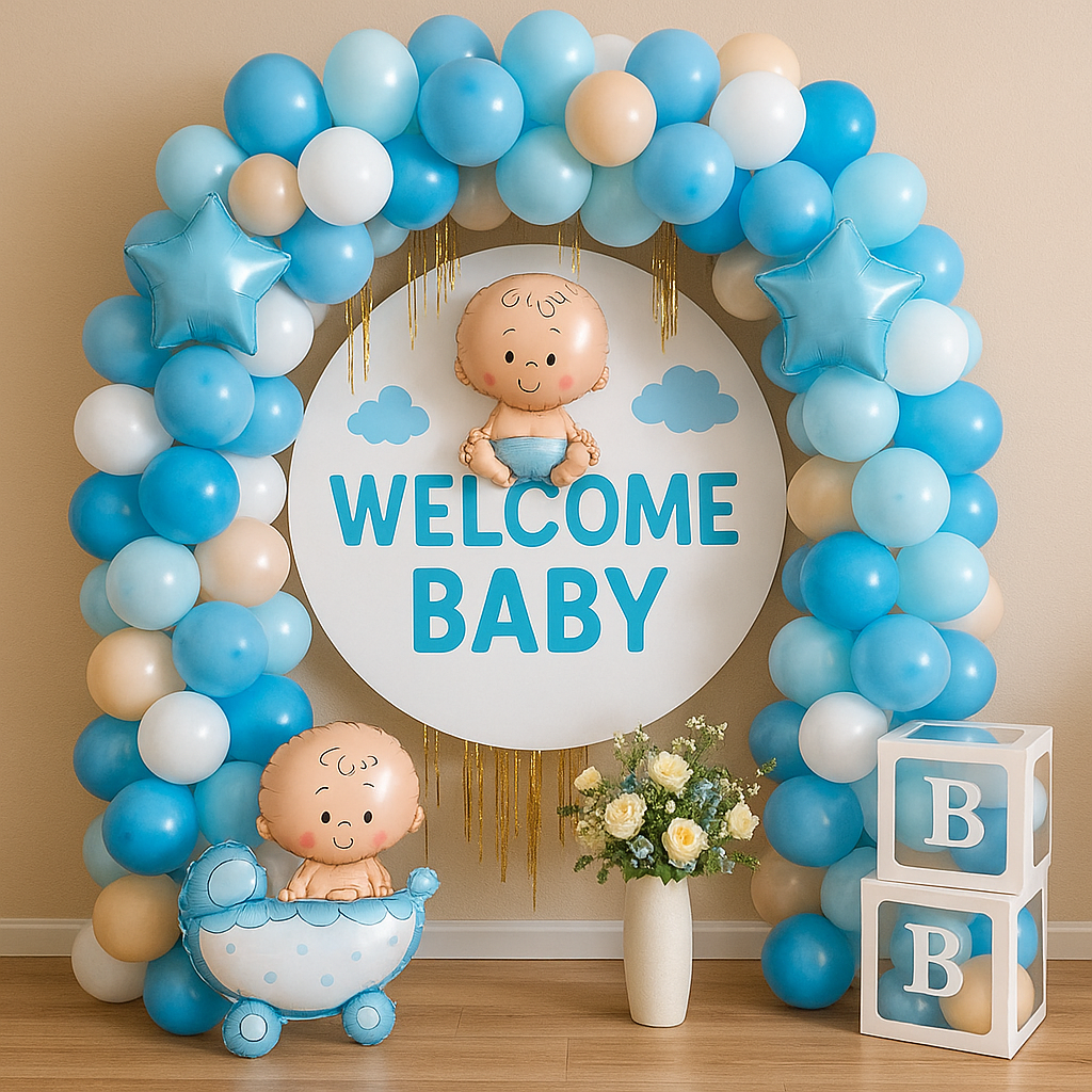 Blue and white balloon arch baby shower decoration with "Welcome Baby" sign, cartoon baby balloons, floral arrangement, and decorative letter blocks – Yuppies Celebrations.