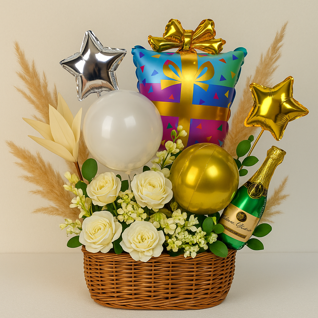 Festive bouquet arrangement in a wicker basket with white roses, golden and silver balloons, star-shaped foil balloons, a gift box balloon, and a champagne bottle prop – Yuppies Celebrations.